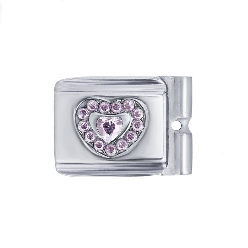 ACTJOYS® Mirror Polished Silver Modular Link - Pink Heart-in-Heart Charm